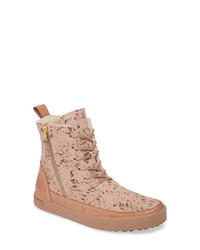 Pink Print Leather Lace-up Flat Boots