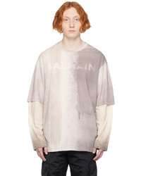 Balmain Gray Printed Long Sleeve T Shirt