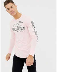 Hollister Logo Front And Sleeve Long Sleeve Top In Pink