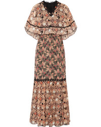 Anna Sui Embellished Printed Silk Chiffon And Cotton Blend Voile Maxi Dress Pink