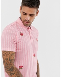 ASOS DESIGN Vertical Striped Polo With Rose Embroidery