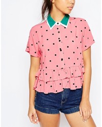 Lazy Oaf Short Sleeved Shirt With Frill Hem In Watermelon Print