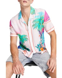 Topman Tropical Print Short Sleeve Button Up Shirt In Pink At Nordstrom