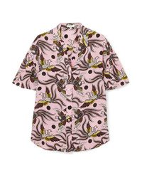 Pink Print Silk Short Sleeve Button Down Shirt