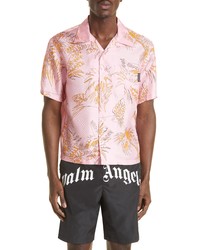 Palm Angels Abstract Palm Print Silk Bowling Shirt In Pinkgold At Nordstrom