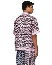 Versace Pink Black Silk Signature Short Sleeve Shirt
