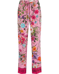 Gucci Printed Silk Crepe De Chine Wide Leg Pants Pink