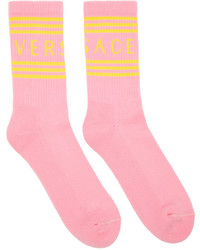 Versace Pink Yellow 1990s Vintage Logo Socks