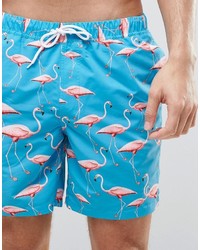 Asos Brand Swim Shorts 2 Pack In Pink And Flamingo Print In Mid Length Save 17%