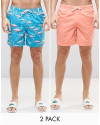 Asos Brand Swim Shorts 2 Pack In Pink And Flamingo Print In Mid Length Save 17%