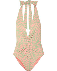 Self-Portrait Knotted Printed Halterneck Swimsuit