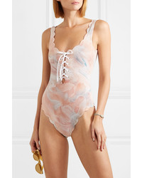 Marysia Palm Springs Scalloped Lace Up Printed Stretch Crepe Swimsuit