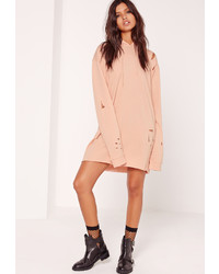 Missguided Ripped Hooded Sweater Dress Nude
