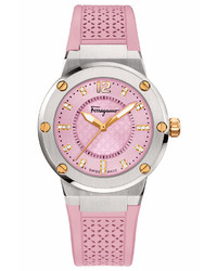 Salvatore Ferragamo 33mm F 80 Two Tone Watch W Diamonds Rubber Strap Pink