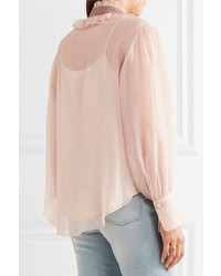 See by Chloe See By Chlo Velvet Trimmed Pussy Bow Ruffled Crepon Blouse Blush