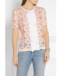 Fendi Ruffled Embroidered Tulle And Silk Chiffon Top Pastel Pink