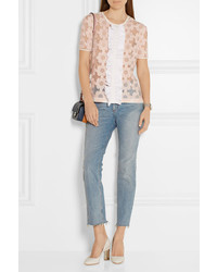 Fendi Ruffled Embroidered Tulle And Silk Chiffon Top Pastel Pink