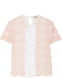 Fendi Ruffled Embroidered Tulle And Silk Chiffon Top Pastel Pink