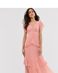 Warehouse Tiered Maxi Dress With Ruffles In Pink