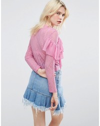Asos Long Sleeve Top In Lace With Woven Ruffles