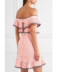 Rebecca Vallance Courtside Off The Shoulder Ruffled Guipure Lace Mini Dress Pastel Pink