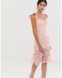 Jarlo All Over Lace Midi Dress With Frilly Off Shoulder Detail In Pink