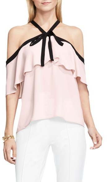 pink ruffle off the shoulder top