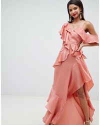 Pink Ruffle Satin Evening Dress