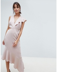 ASOS DESIGN Satin Deep Plunge Ruffle Dress With Cut Out Side