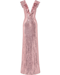 Pink Ruffle Sequin Evening Dress