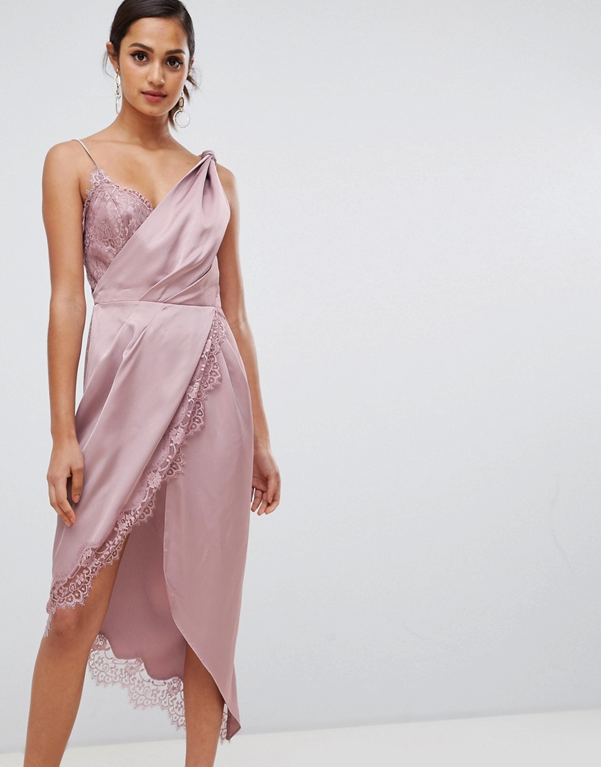 ASOS DESIGN Knot Detail Satin Lace Insert Midi Dress, $73, Asos