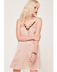 Missguided Satin Lace Trim Button Up Cami Dress Nude