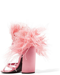 Prada Feather Trimmed Satin Sandals Baby Pink