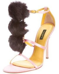 Dolce & Gabbana Rabbit Fur Trimmed Satin Sandals