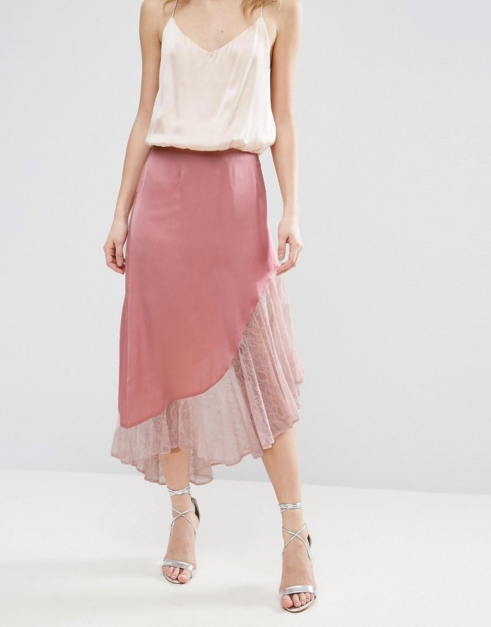 Asos Satin Midi Skirt With Lace Hem, $30, Asos