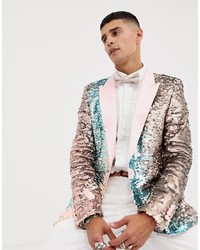 ASOS Edition Skinny Blazer In Pink And Blue Sequins