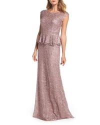 La Femme Embellished Lace Peplum Gown