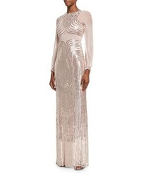 Jenny Packham Sequined Long Sleeve Column Gown Ballet Pink