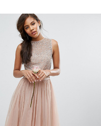 Maya Tall Sleeveless Sequin Top Midi Dress With Tulle Skirt And Bow Back Detail