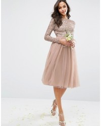 Maya Long Sleeved Midi Dress With Delicate Sequin And Tulle Skirt