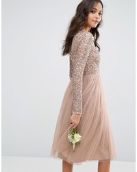 Maya Long Sleeved Midi Dress With Delicate Sequin And Tulle Skirt