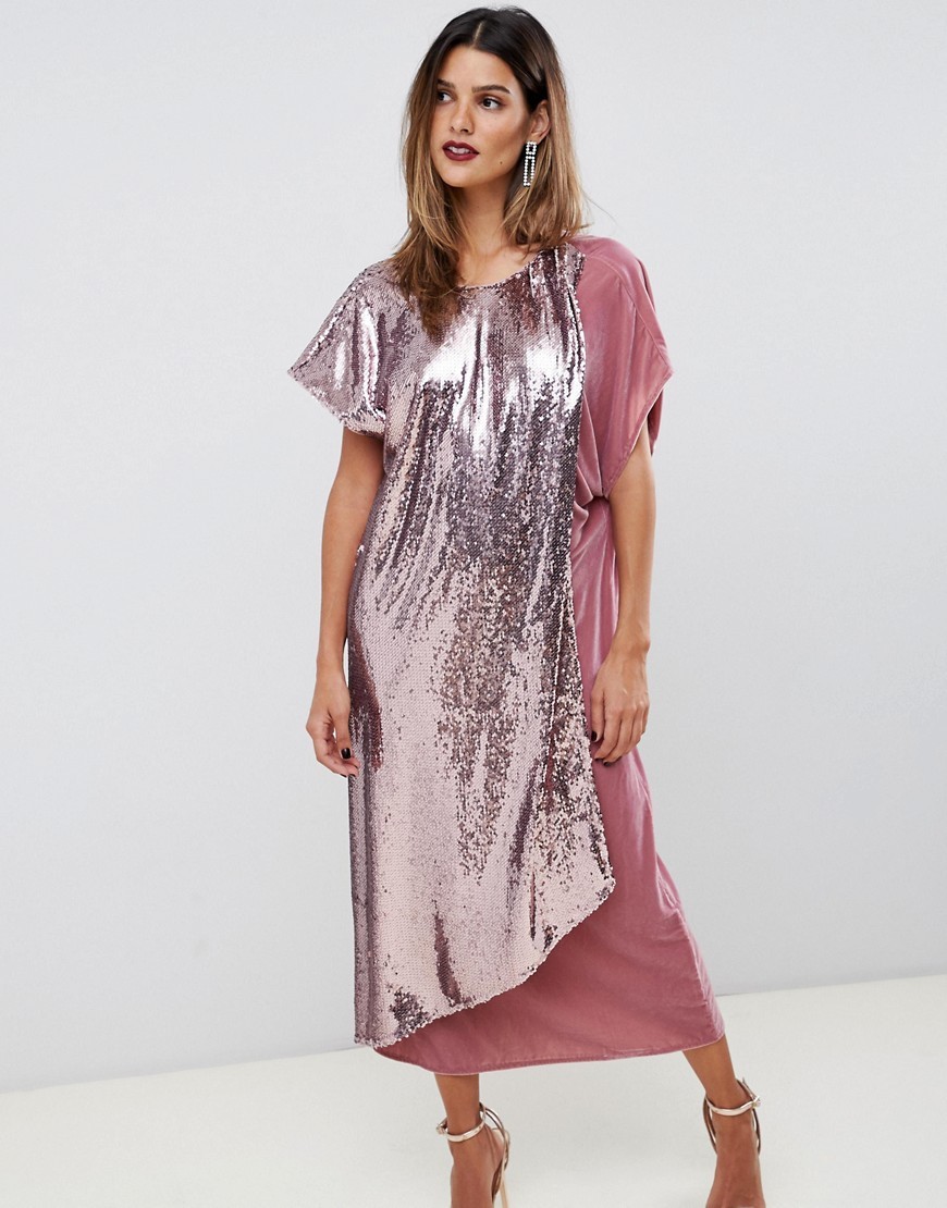 ASOS DESIGN Velvet And Sequin Mix Asymmetric Drape Midi Dress, $31 