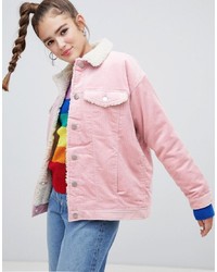 Monki Shearling Collar Cord Jacket In Pink