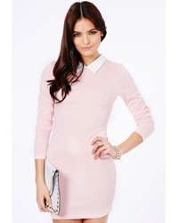 Missguided Sumiko Long Sleeve Collar Dress In Baby Pink