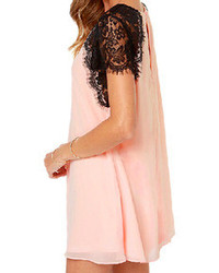 Romwe Lace Shoulder Loose Pink Shift Dress