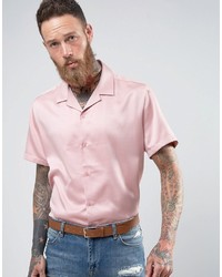 Asos Oversized Sateen Shirt With Revere Collar In Pink