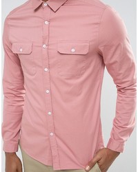 Asos Slim Double Pocket Shirt With Stretch In Pink