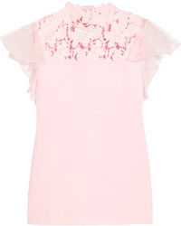 Giambattista Valli Silk Organza And Guipure Lace Trimmed Jersey Top Baby Pink
