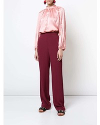 Women's Pink Silk Long Sleeve Blouse, Charcoal Wide Leg Pants, Burgundy  Leather Tassel Loafers, Brown Woven Leather Belt
