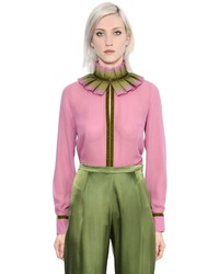 Capucci Pleated High Collar Silk Georgette Shirt